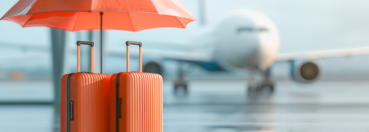 Twee oranje koffers met een paraplu erboven op een vliegveld met op de achtergrond een vliegtuig