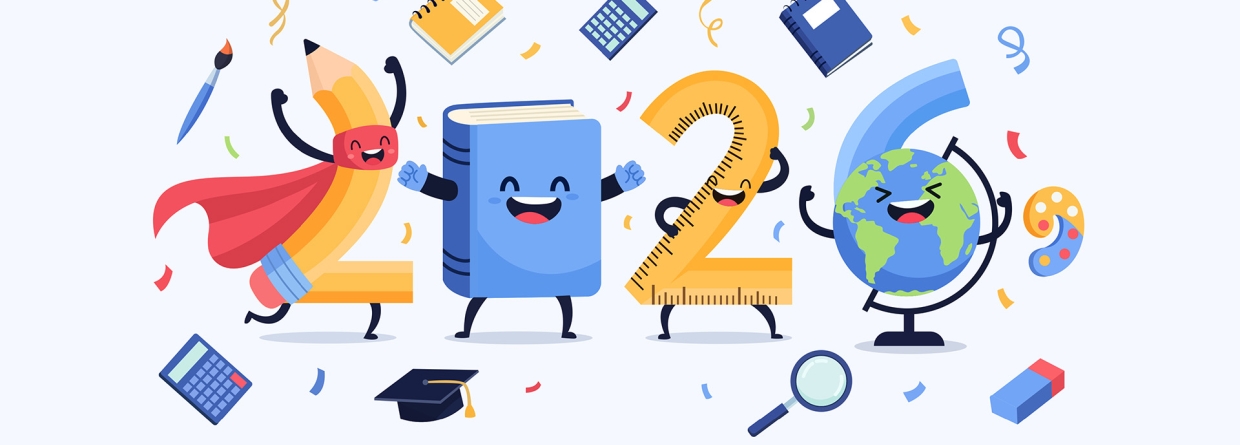 2026 afgebeeld in een potlood, meetlat, boek, aardbol en andere attributen